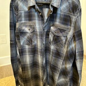 Men's Gray & Blue Plaid Button Down Shirt